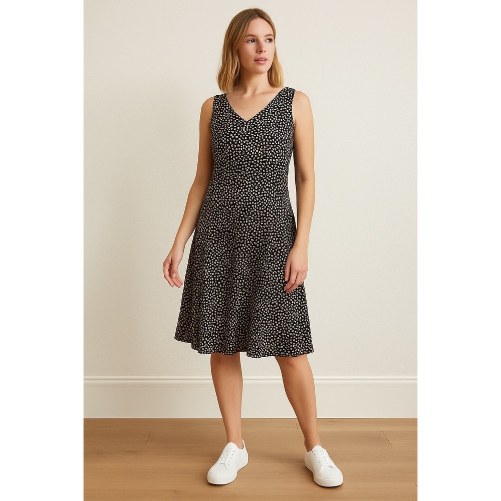 Coldwater Creek Black Polka Dot Silk Sleeveless Fit Flare Midi Dress Sz Petite 8